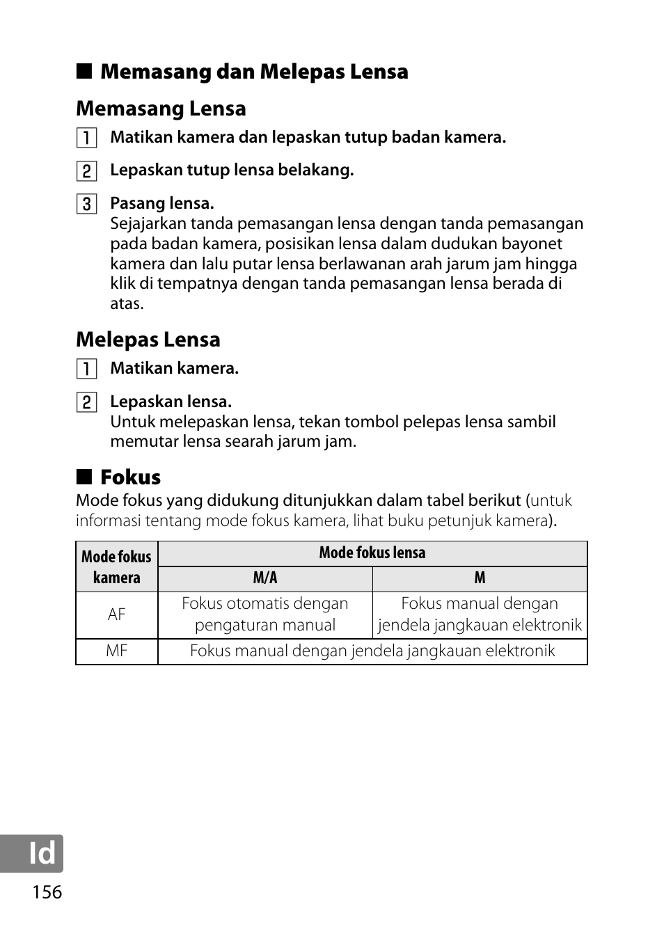 Memasang dan melepas lensa, Memasang lensa, Melepas lensa | Fokus | Nikon AF-S DX Micro- NIKKOR 40mm f-2.8G User Manual | Page 156 / 168