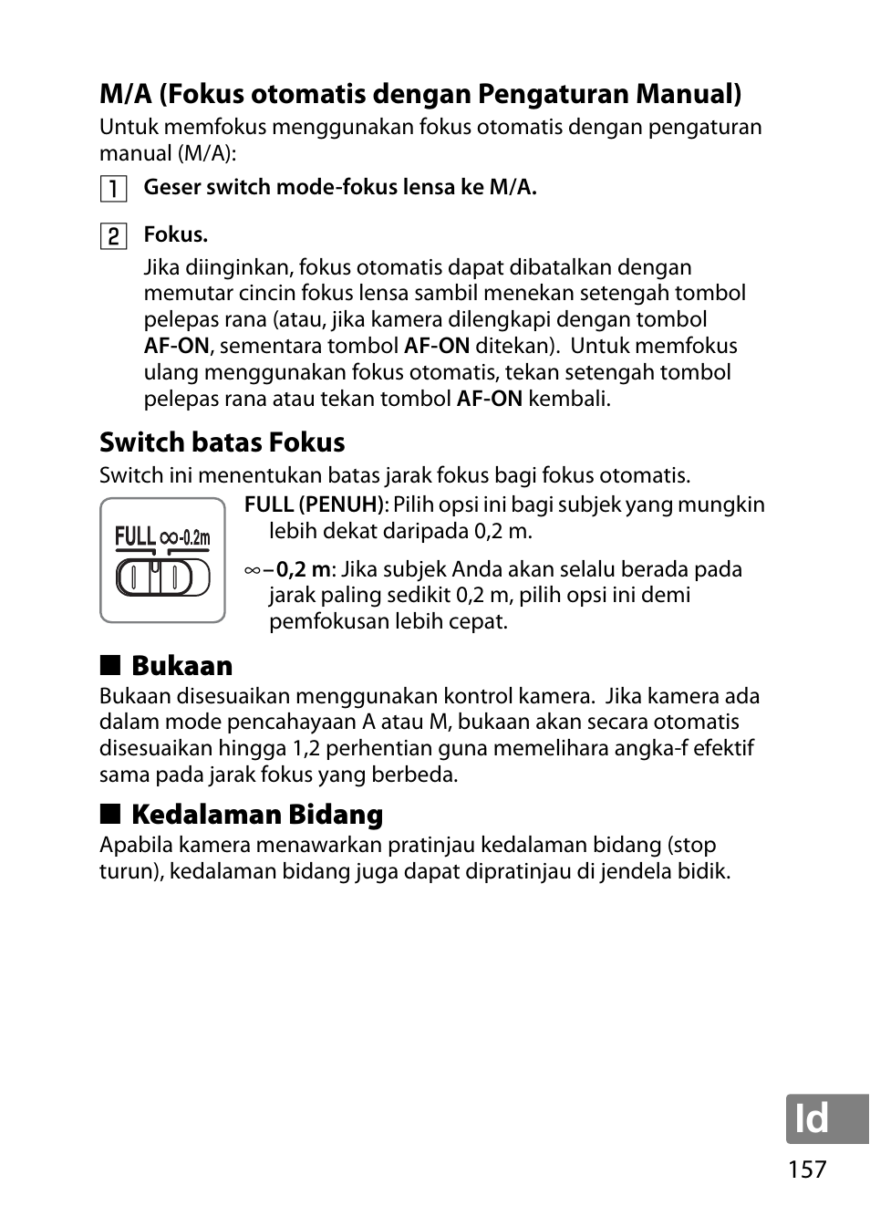M/a (fokus otomatis dengan pengaturan manual), Switch batas fokus, Bukaan | Kedalaman bidang | Nikon AF-S DX Micro- NIKKOR 40mm f-2.8G User Manual | Page 157 / 168