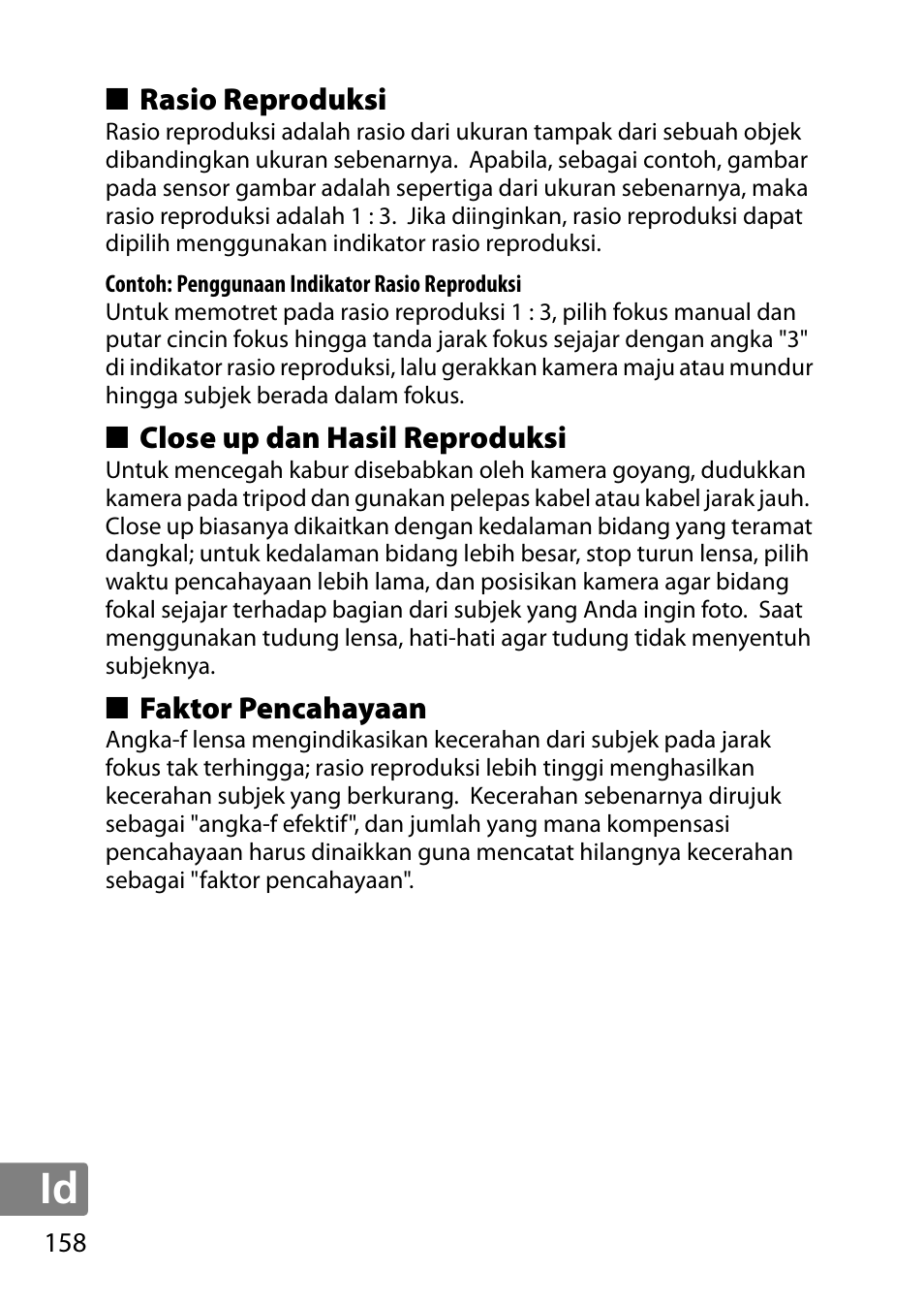 Rasio reproduksi, Close up dan hasil reproduksi, Faktor pencahayaan | Nikon AF-S DX Micro- NIKKOR 40mm f-2.8G User Manual | Page 158 / 168