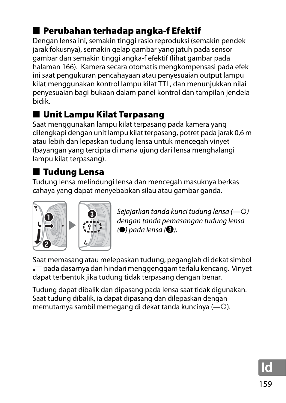 Perubahan terhadap angka-f efektif, Unit lampu kilat terpasang, Tudung lensa | Nikon AF-S DX Micro- NIKKOR 40mm f-2.8G User Manual | Page 159 / 168
