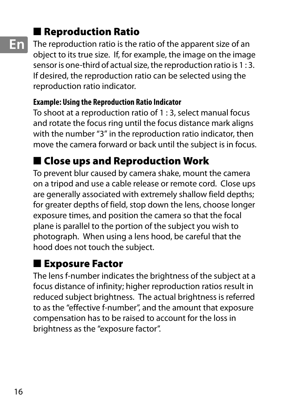 Reproduction ratio, Close ups and reproduction work, Exposure factor | Nikon AF-S DX Micro- NIKKOR 40mm f-2.8G User Manual | Page 16 / 168