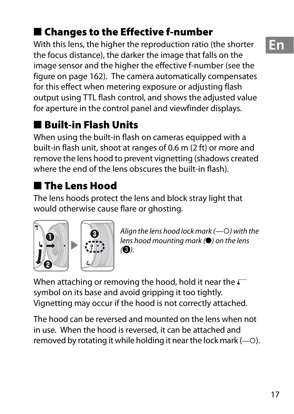 Changes to the effective f-number, Built-in flash units, The lens hood | Nikon AF-S DX Micro- NIKKOR 40mm f-2.8G User Manual | Page 17 / 168