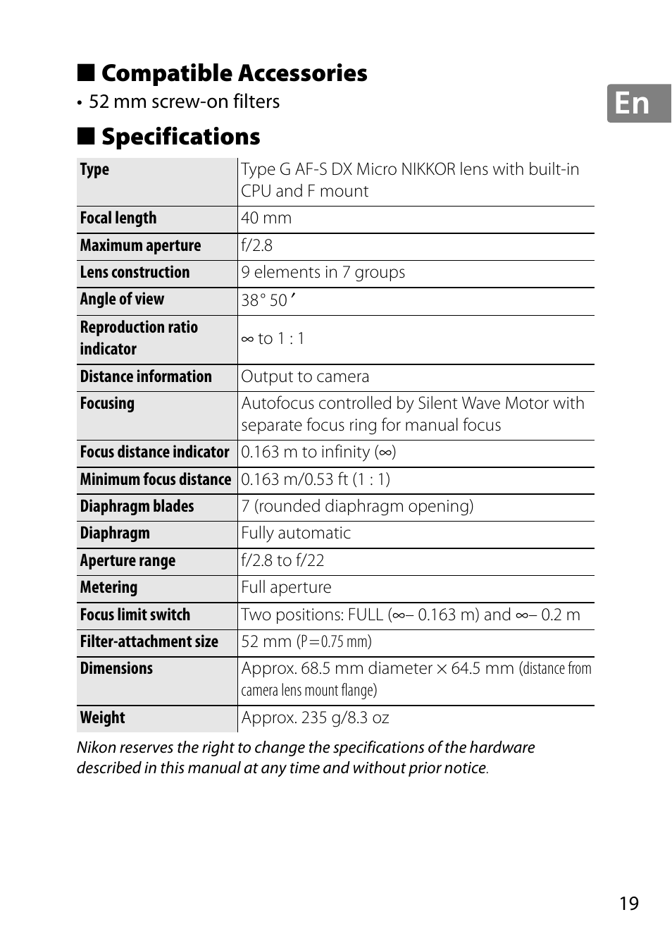 Compatible accessories, Specifications | Nikon AF-S DX Micro- NIKKOR 40mm f-2.8G User Manual | Page 19 / 168