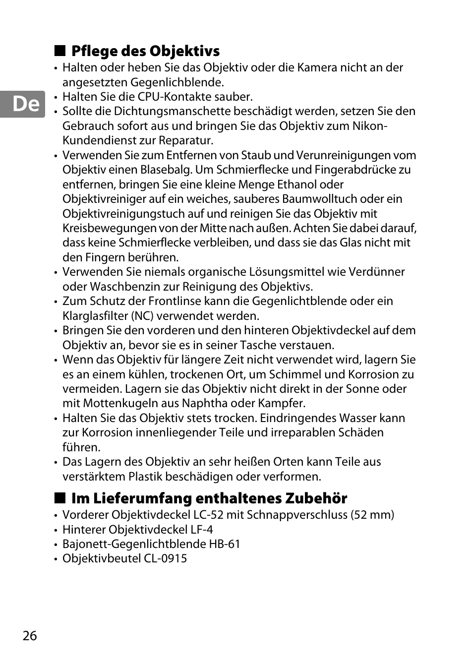 Pflege des objektivs, Im lieferumfang enthaltenes zubehör | Nikon AF-S DX Micro- NIKKOR 40mm f-2.8G User Manual | Page 26 / 168