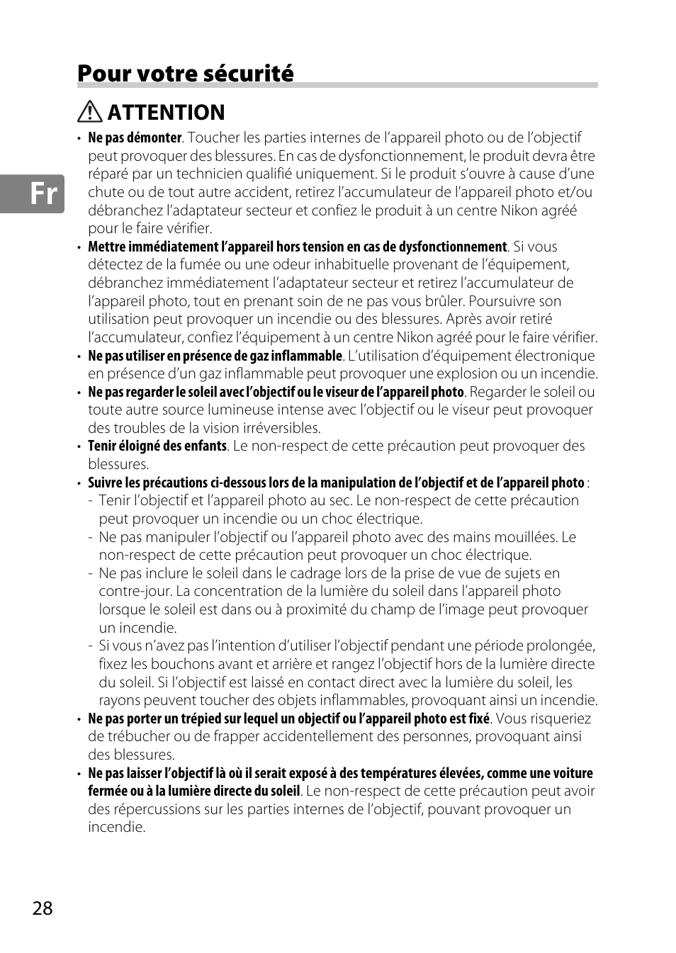 Pour votre sécurité, Attention | Nikon AF-S DX Micro- NIKKOR 40mm f-2.8G User Manual | Page 28 / 168