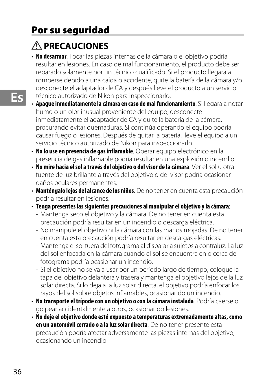 Por su seguridad, Precauciones | Nikon AF-S DX Micro- NIKKOR 40mm f-2.8G User Manual | Page 36 / 168