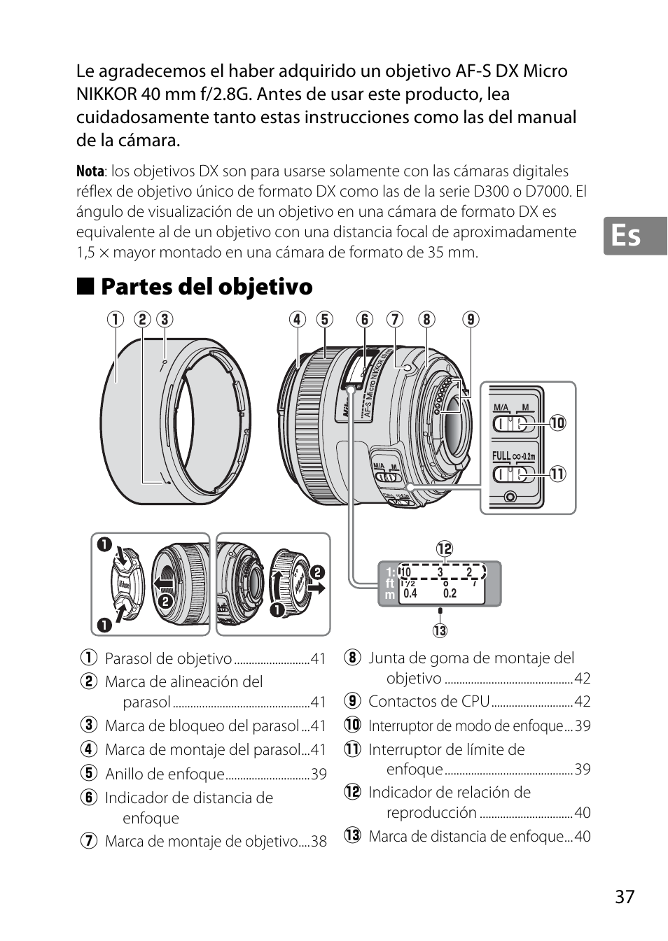 Partes del objetivo | Nikon AF-S DX Micro- NIKKOR 40mm f-2.8G User Manual | Page 37 / 168