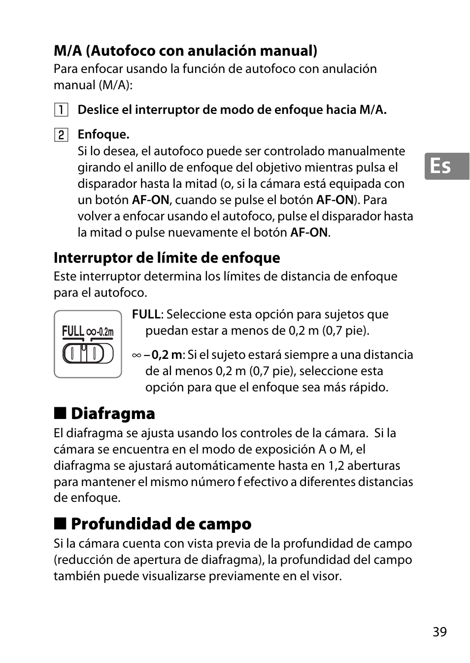 M/a (autofoco con anulación manual), Interruptor de límite de enfoque, Diafragma | Profundidad de campo | Nikon AF-S DX Micro- NIKKOR 40mm f-2.8G User Manual | Page 39 / 168