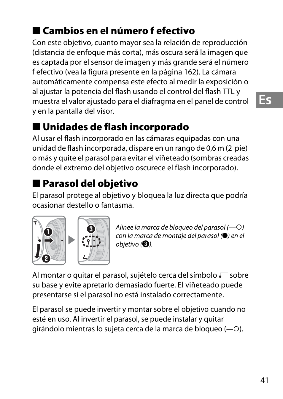 Cambios en el número f efectivo, Unidades de flash incorporado, Parasol del objetivo | Nikon AF-S DX Micro- NIKKOR 40mm f-2.8G User Manual | Page 41 / 168