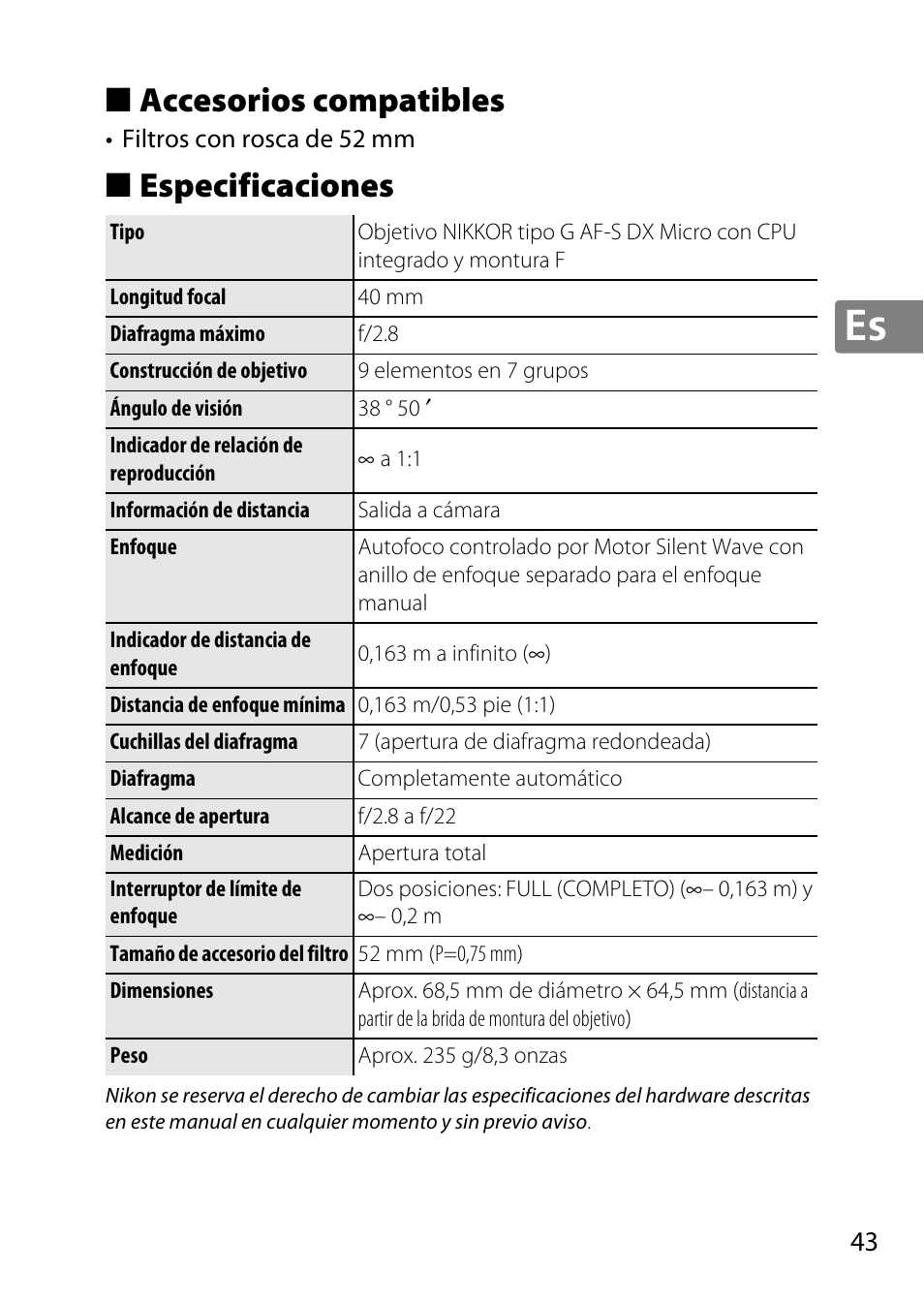 Accesorios compatibles, Especificaciones | Nikon AF-S DX Micro- NIKKOR 40mm f-2.8G User Manual | Page 43 / 168