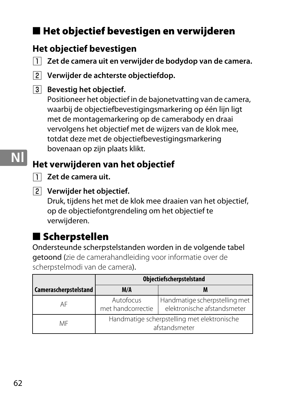 Het objectief bevestigen en verwijderen, Het objectief bevestigen, Het verwijderen van het objectief | Scherpstellen | Nikon AF-S DX Micro- NIKKOR 40mm f-2.8G User Manual | Page 62 / 168