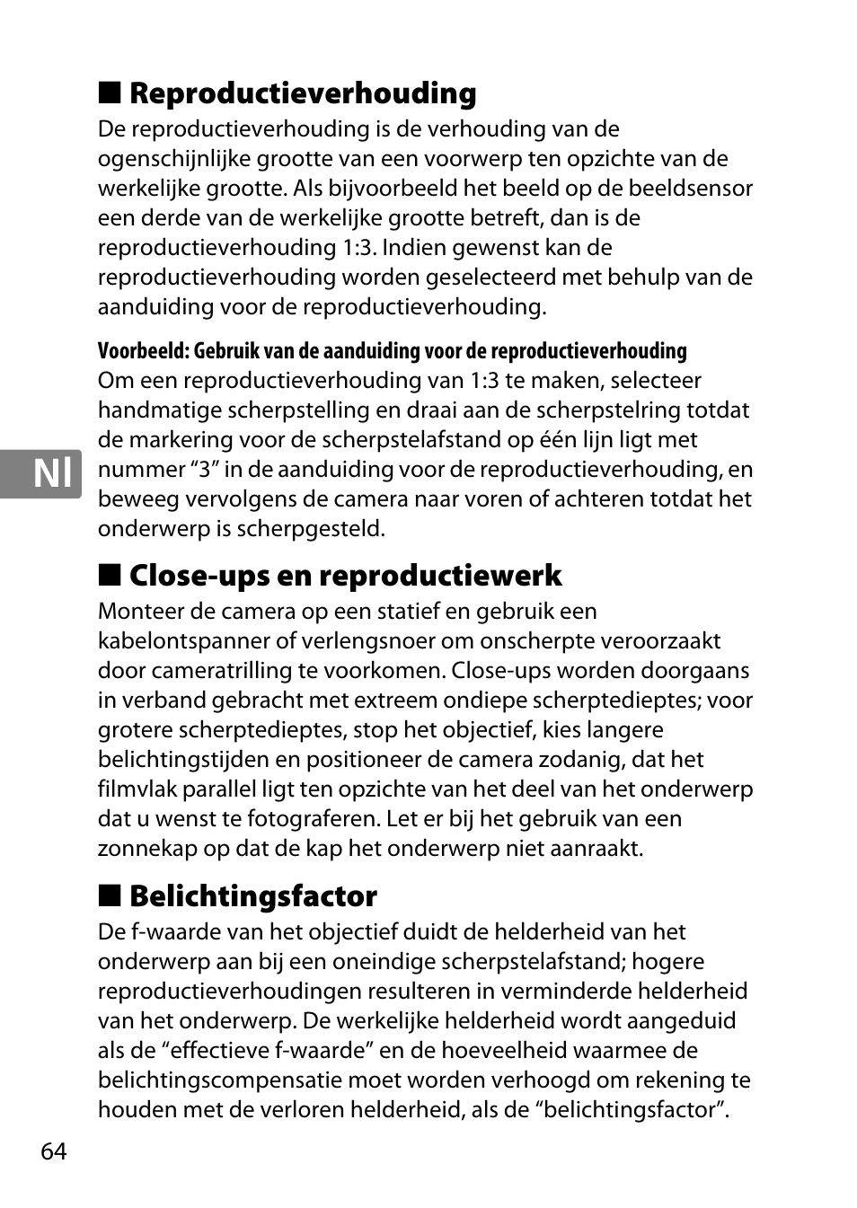 Reproductieverhouding, Close-ups en reproductiewerk, Belichtingsfactor | Nikon AF-S DX Micro- NIKKOR 40mm f-2.8G User Manual | Page 64 / 168