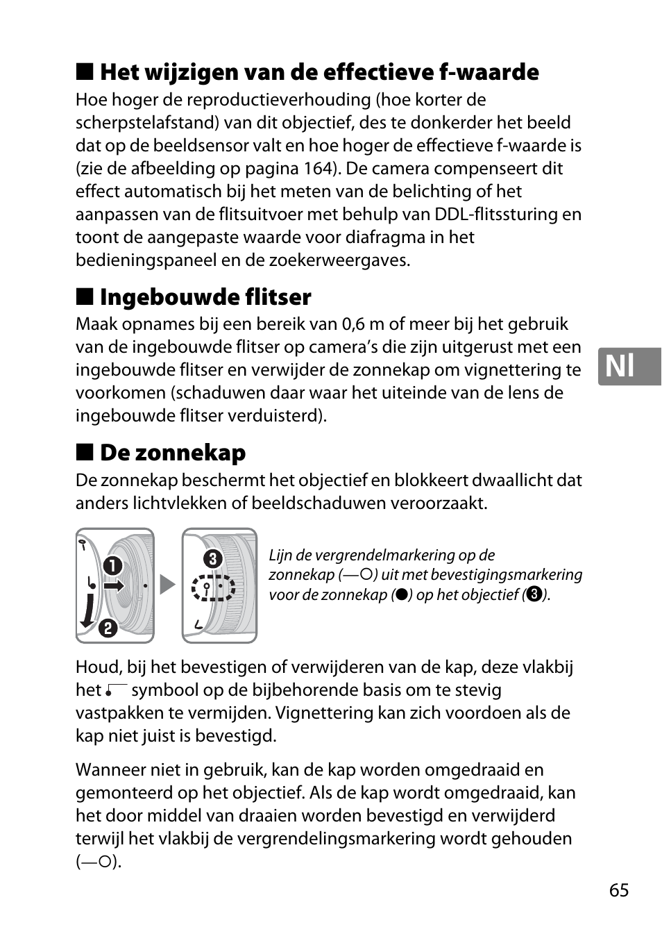 Het wijzigen van de effectieve f-waarde, Ingebouwde flitser, De zonnekap | Nikon AF-S DX Micro- NIKKOR 40mm f-2.8G User Manual | Page 65 / 168