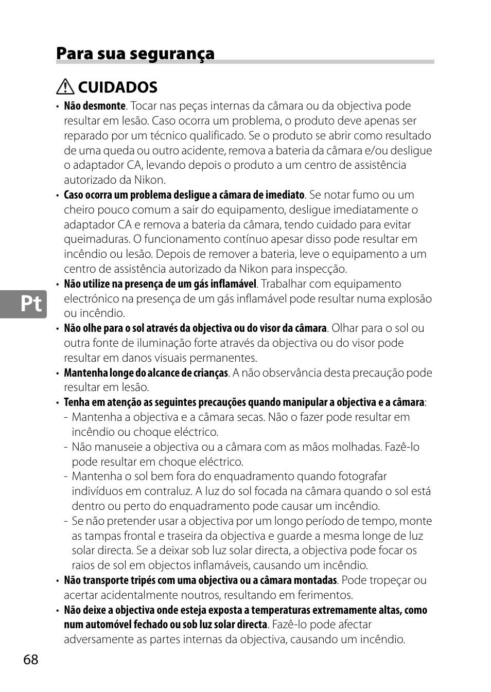 Para sua segurança, Cuidados | Nikon AF-S DX Micro- NIKKOR 40mm f-2.8G User Manual | Page 68 / 168