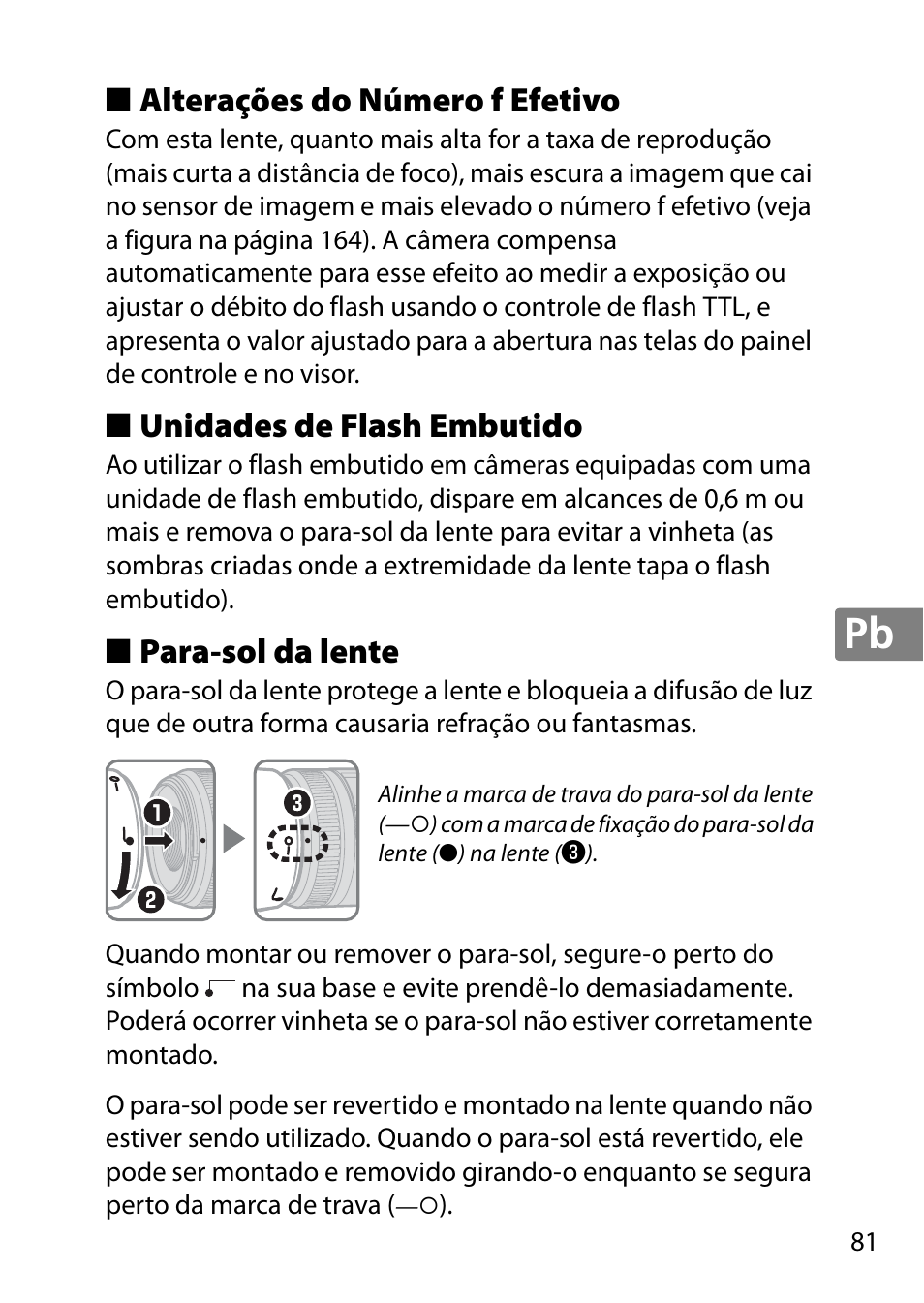 Alterações do número f efetivo, Unidades de flash embutido, Para-sol da lente | Nikon AF-S DX Micro- NIKKOR 40mm f-2.8G User Manual | Page 81 / 168