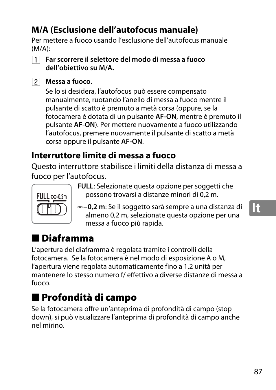 M/a (esclusione dell’autofocus manuale), Interruttore limite di messa a fuoco, Diaframma | Profondità di campo | Nikon AF-S DX Micro- NIKKOR 40mm f-2.8G User Manual | Page 87 / 168