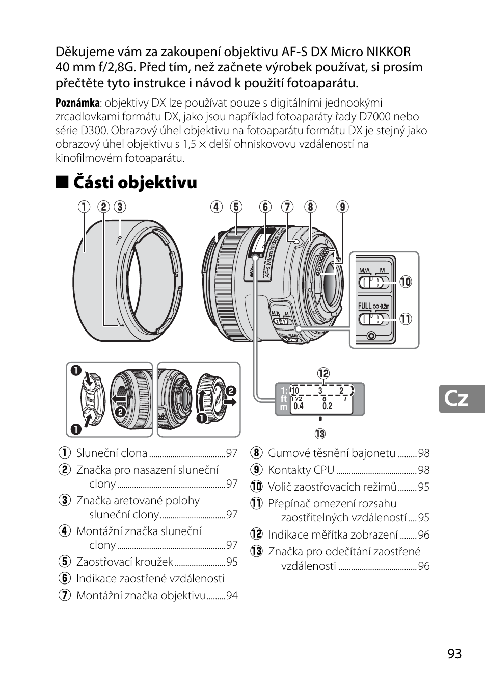 Části objektivu | Nikon AF-S DX Micro- NIKKOR 40mm f-2.8G User Manual | Page 93 / 168