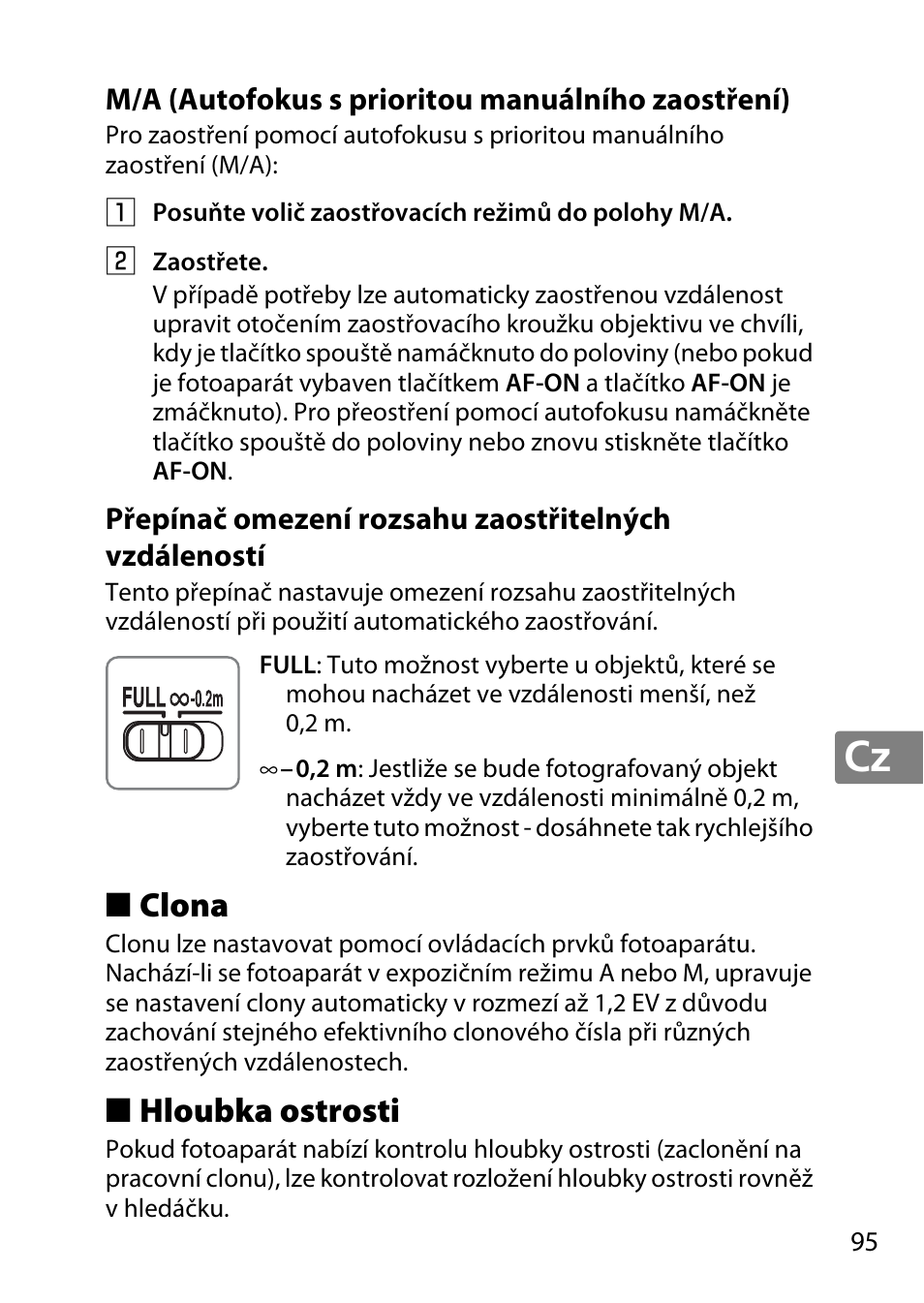 M/a (autofokus s prioritou manuálního zaostření), Clona, Hloubka ostrosti | Nikon AF-S DX Micro- NIKKOR 40mm f-2.8G User Manual | Page 95 / 168