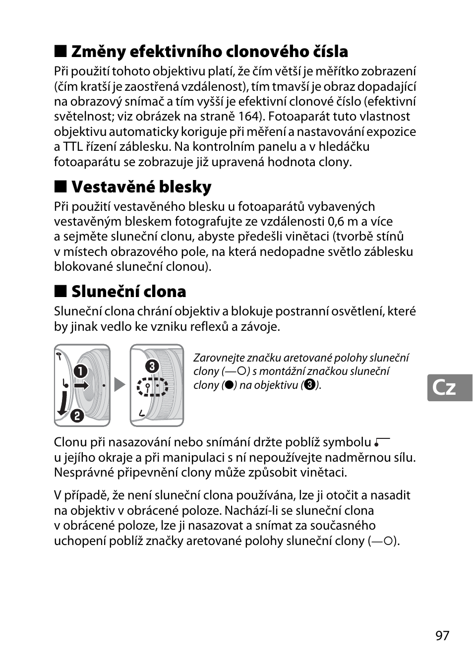 Změny efektivního clonového čísla, Vestavěné blesky, Sluneční clona | Nikon AF-S DX Micro- NIKKOR 40mm f-2.8G User Manual | Page 97 / 168