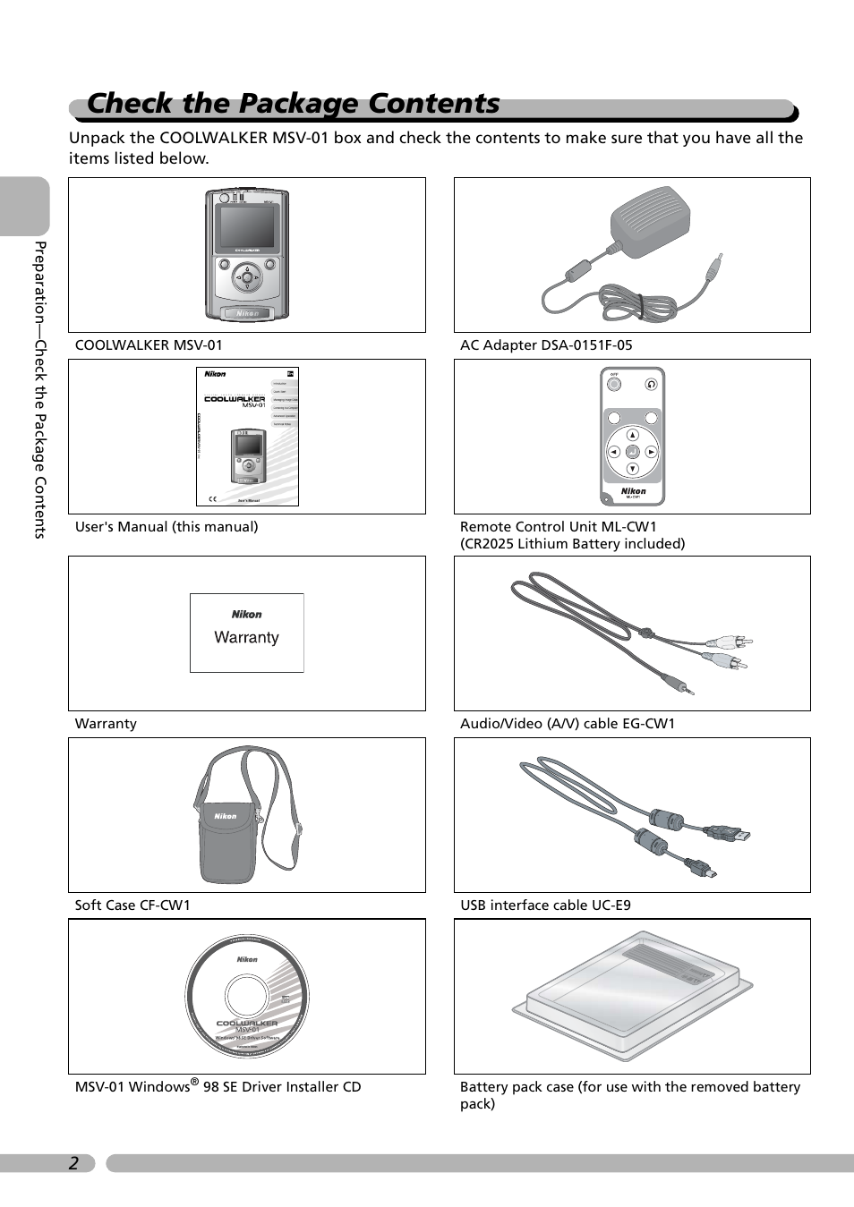 Check the package contents | Nikon Coolwalker User Manual | Page 12 / 80