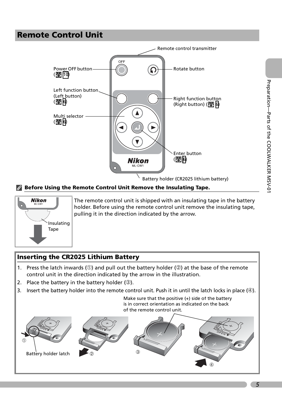 Remote control unit, Inserting the cr2025 lithium battery | Nikon Coolwalker User Manual | Page 15 / 80