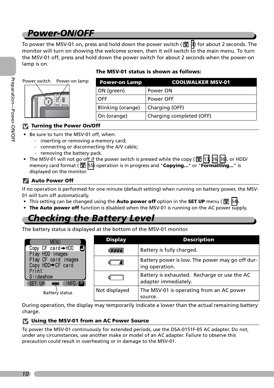 Power-on/off checking the battery level, Power-on/off, Checking the battery level | Nikon Coolwalker User Manual | Page 20 / 80