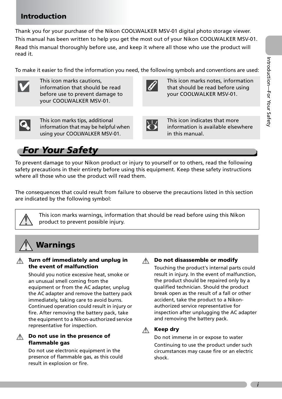 For your safety, Warnings, Introduction | Nikon Coolwalker User Manual | Page 3 / 80