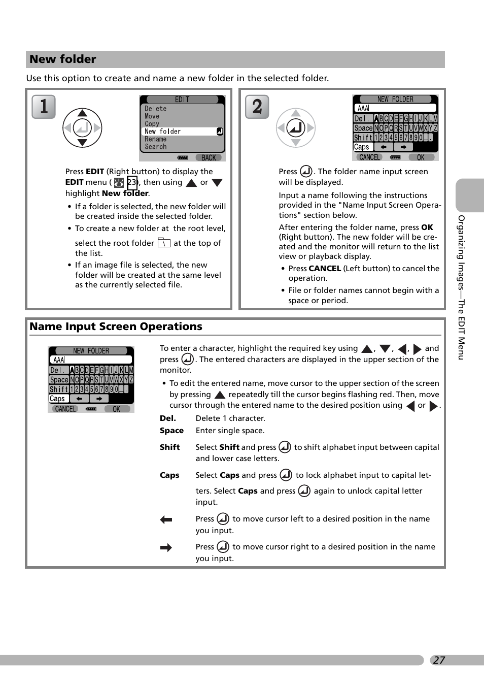 New folder, Name input screen operations | Nikon Coolwalker User Manual | Page 37 / 80