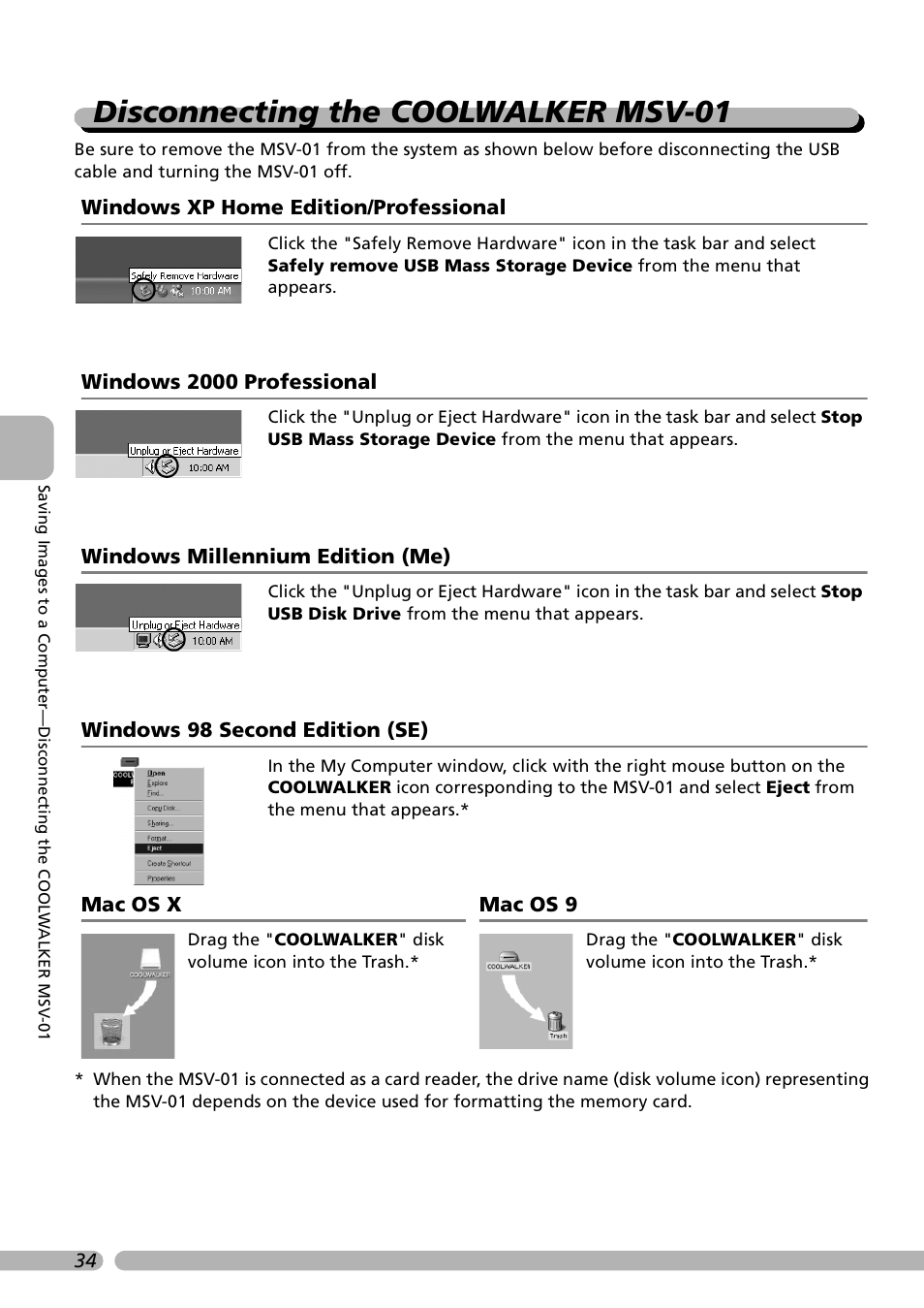 Disconnecting the coolwalker msv-01, Windows xp home edition/professional, Windows 2000 professional | Windows millennium edition (me), Windows 98 second edition (se), Mac os x mac os 9 | Nikon Coolwalker User Manual | Page 44 / 80