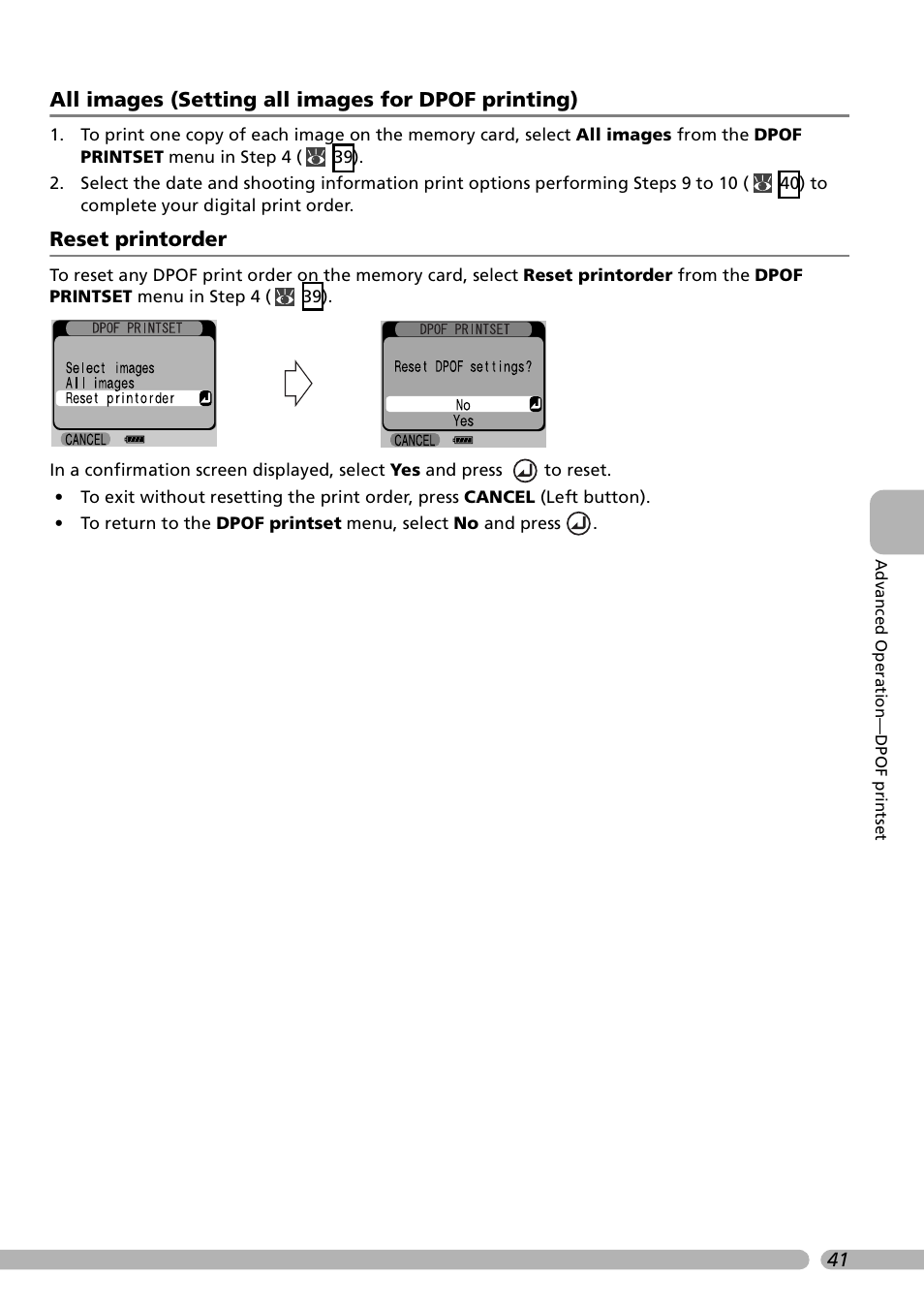 All images (setting all images for dpof printing), Reset printorder | Nikon Coolwalker User Manual | Page 51 / 80