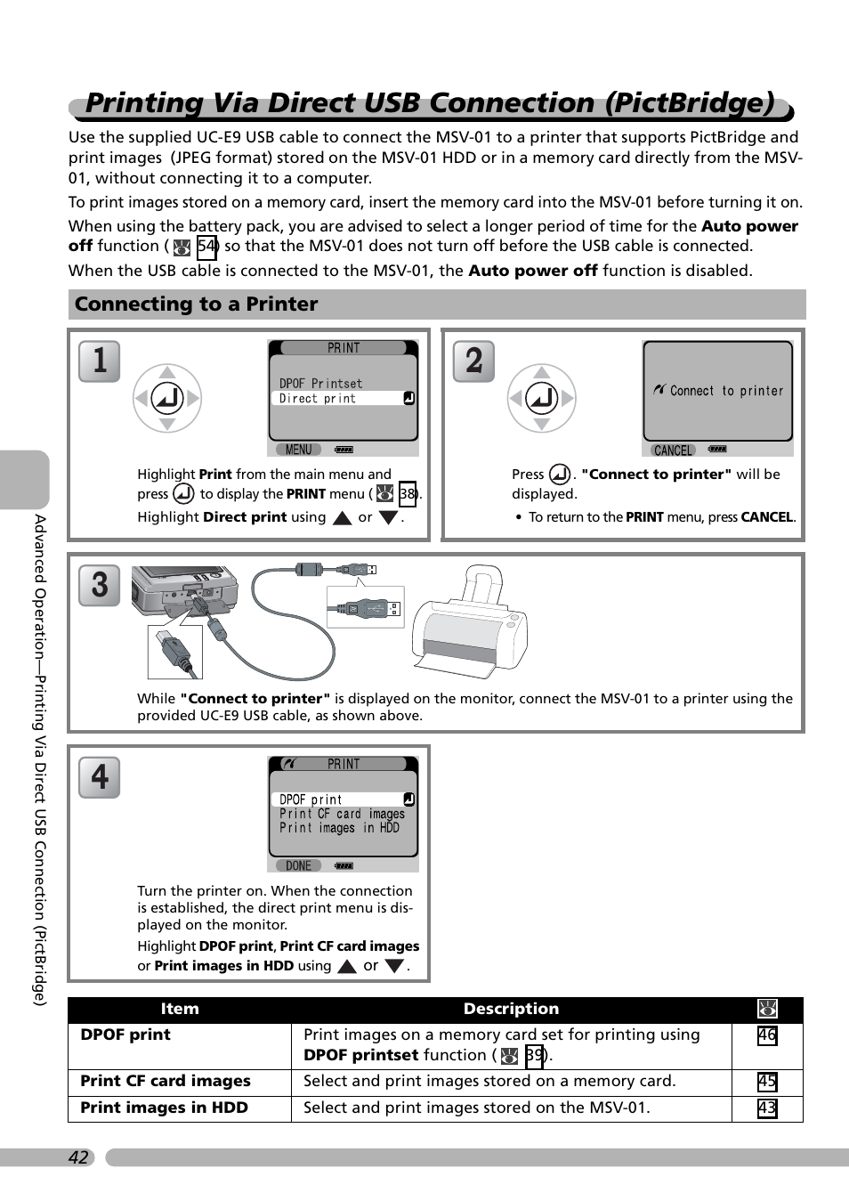 Printing via direct usb connection (pictbridge), Connecting to a printer | Nikon Coolwalker User Manual | Page 52 / 80