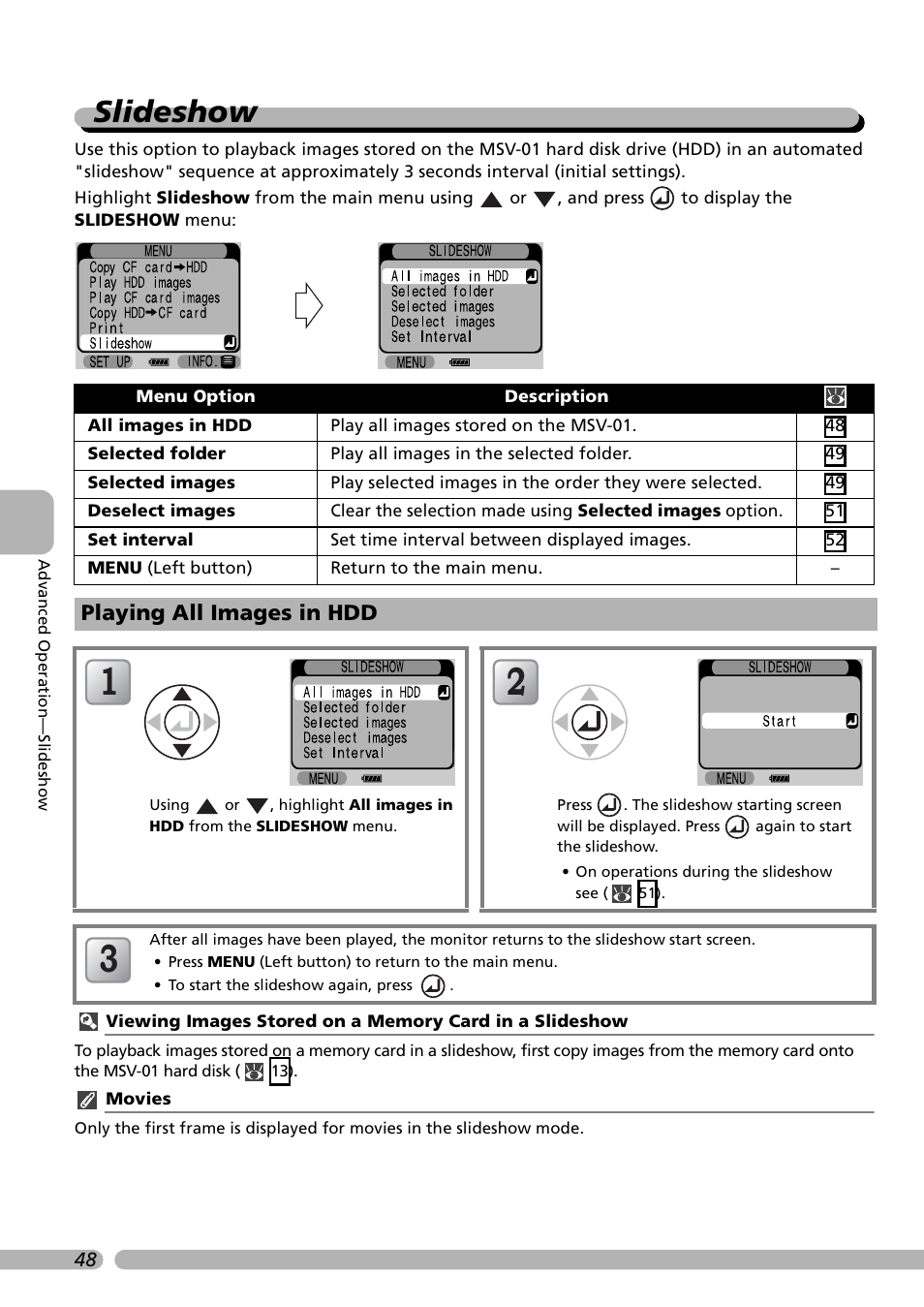 Slideshow, Playing all images in hdd | Nikon Coolwalker User Manual | Page 58 / 80