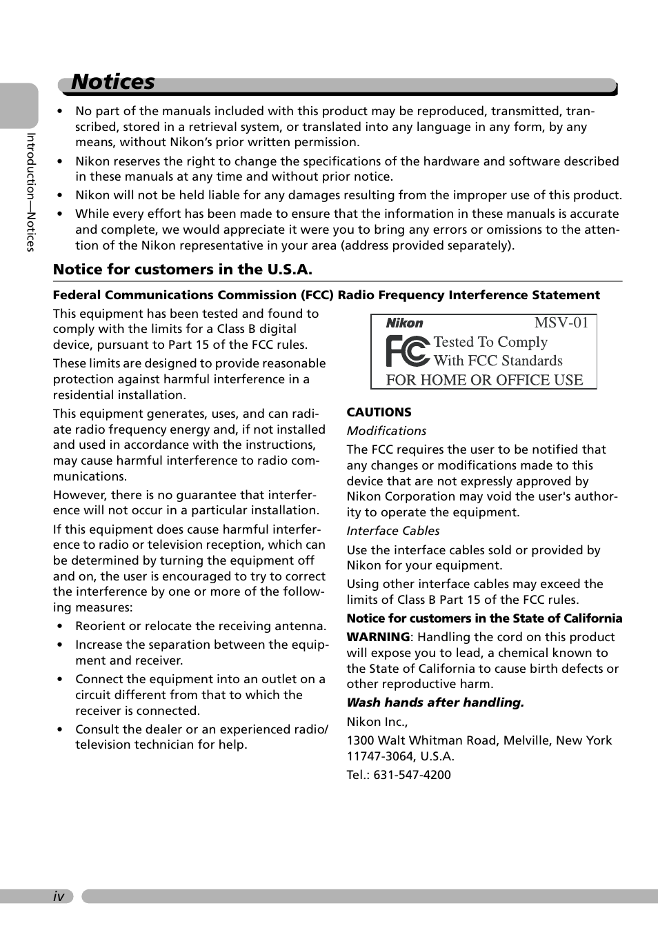 Notices, Msv-01, Notice for customers in the u.s.a | Nikon Coolwalker User Manual | Page 6 / 80