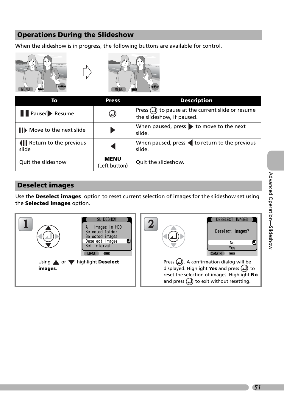 Operations during the slideshow deselect images, Operations during the slideshow, Deselect images | Nikon Coolwalker User Manual | Page 61 / 80