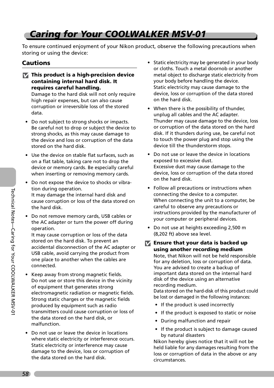 Caring for your coolwalker msv-01, Cautions | Nikon Coolwalker User Manual | Page 68 / 80