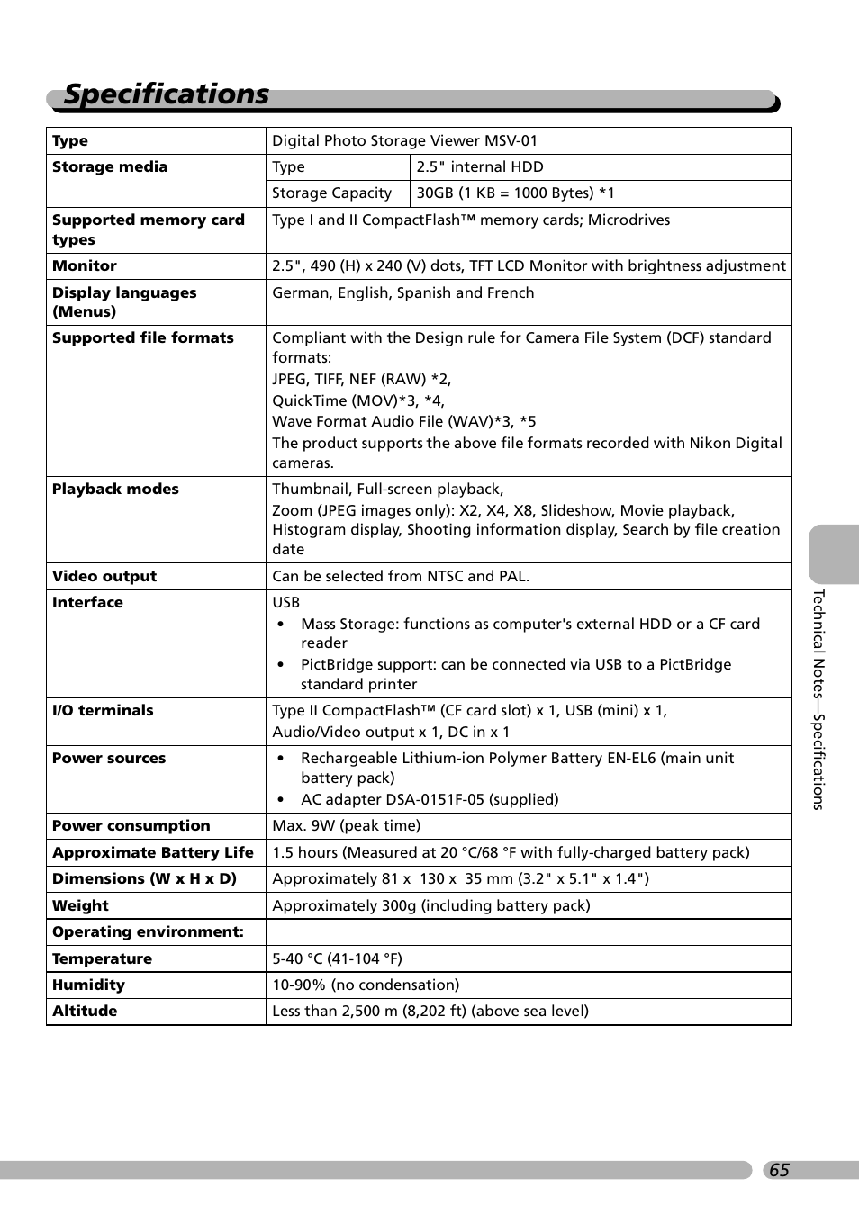 Specifications | Nikon Coolwalker User Manual | Page 75 / 80