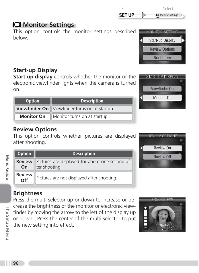 Monitor settings, Start-up display, Review options | Brightness | Nikon 4800 User Manual | Page 106 / 125