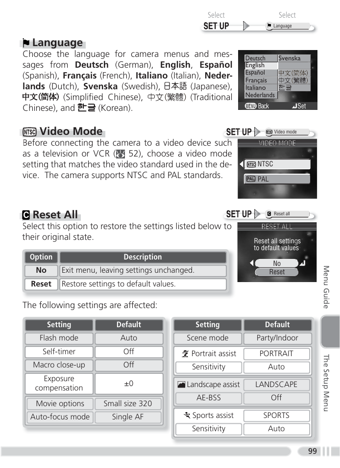 Reset all, Language, Video mode | Nikon 4800 User Manual | Page 109 / 125