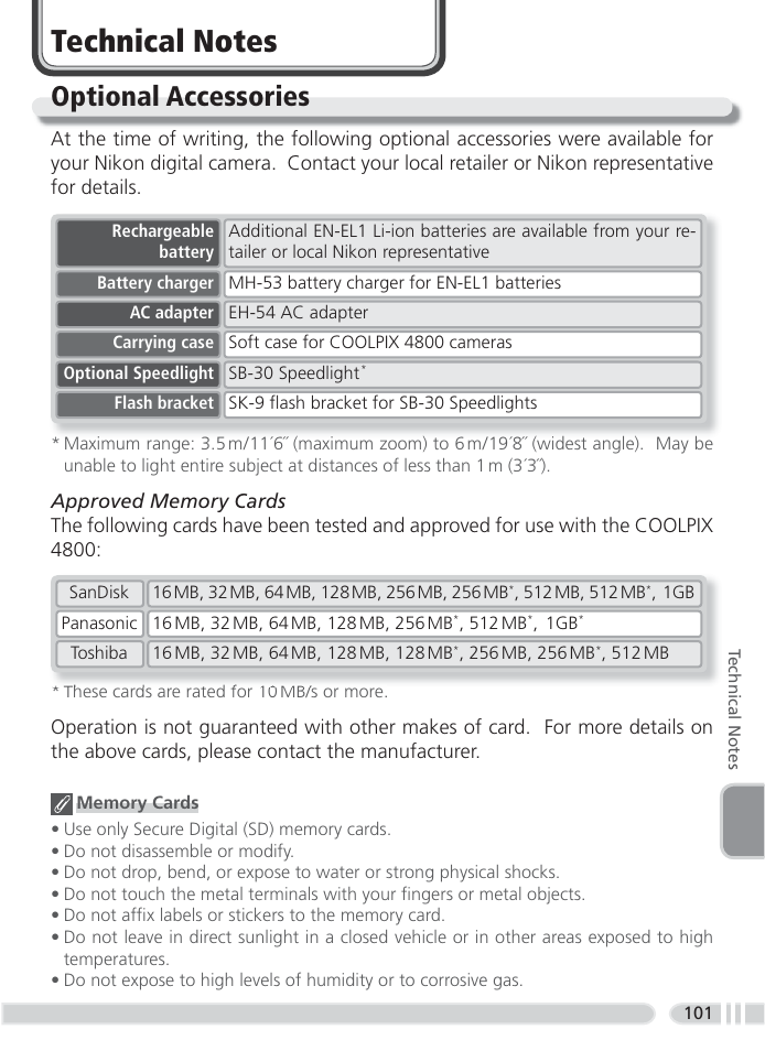 Technical notes, Optional accessories | Nikon 4800 User Manual | Page 111 / 125
