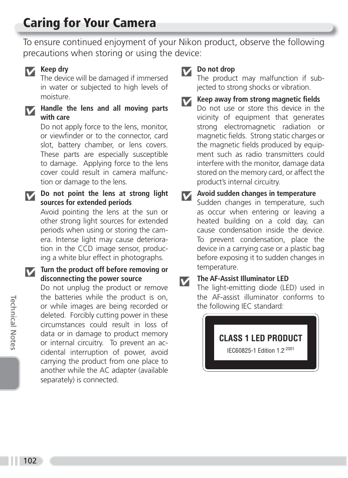 Caring for your camera | Nikon 4800 User Manual | Page 112 / 125