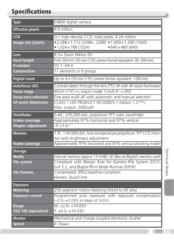 Specifi cations | Nikon 4800 User Manual | Page 121 / 125