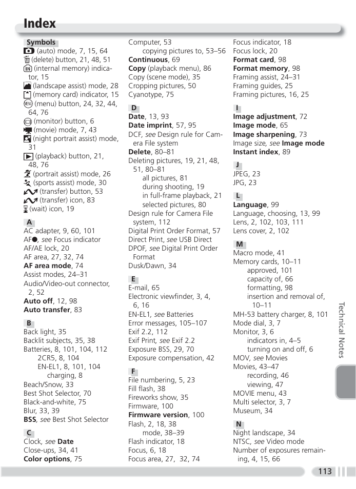 Index | Nikon 4800 User Manual | Page 123 / 125