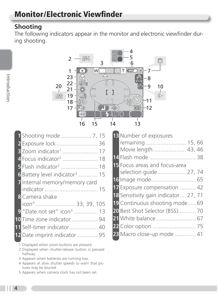 Monitor / electronic viewfi nder, Shooting | Nikon 4800 User Manual | Page 14 / 125