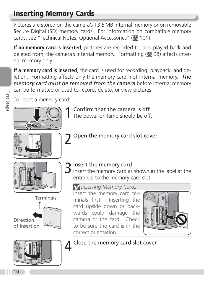 Inserting memory cards | Nikon 4800 User Manual | Page 20 / 125