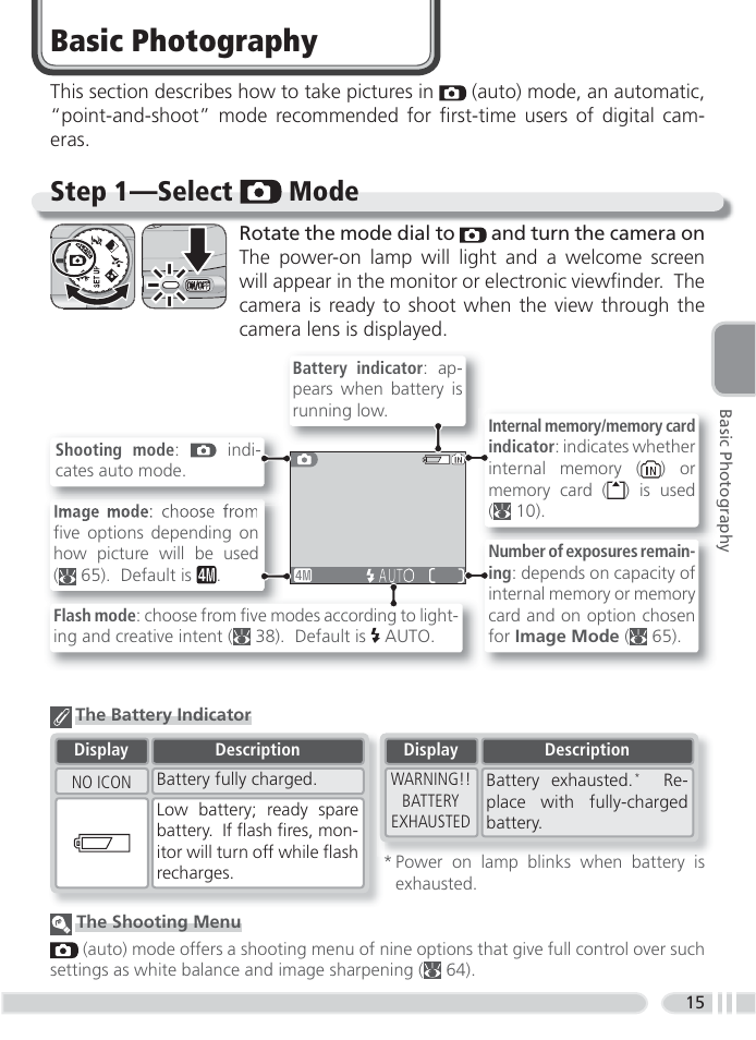Basic photography, Step 1 —select auto mode, Step 1 —select mode | Nikon 4800 User Manual | Page 25 / 125