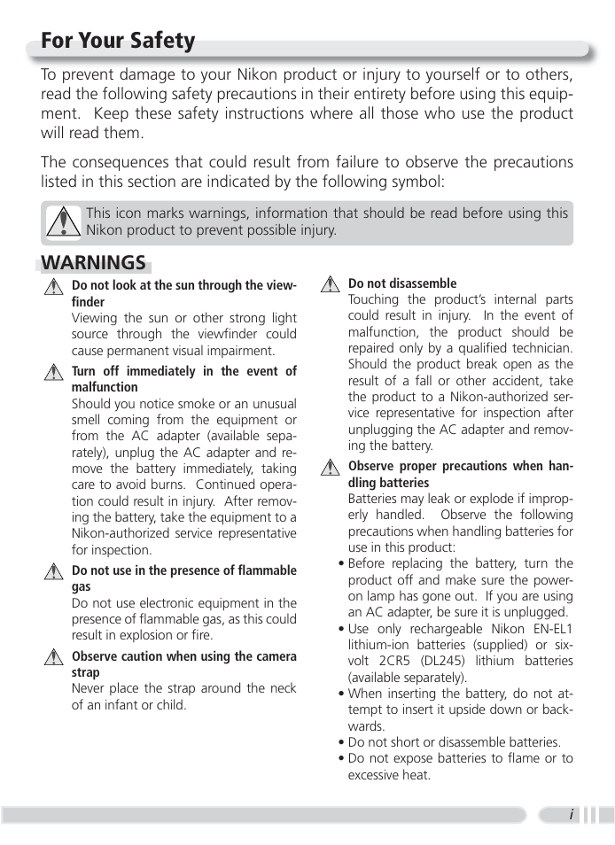 For your safety, Warnings | Nikon 4800 User Manual | Page 3 / 125