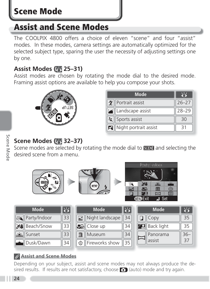 Scene mode, Assist and scene modes, Scene mode assist and scene modes | Assist modes ( 25–31), Scene modes ( 32–37) | Nikon 4800 User Manual | Page 34 / 125