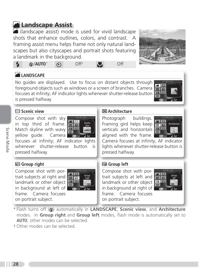 Landscape assist, Auto, Scene mode | Nikon 4800 User Manual | Page 38 / 125