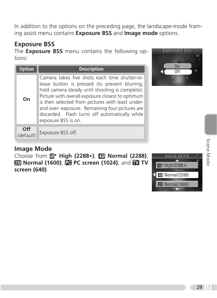 Exposure bss, Image mode | Nikon 4800 User Manual | Page 39 / 125