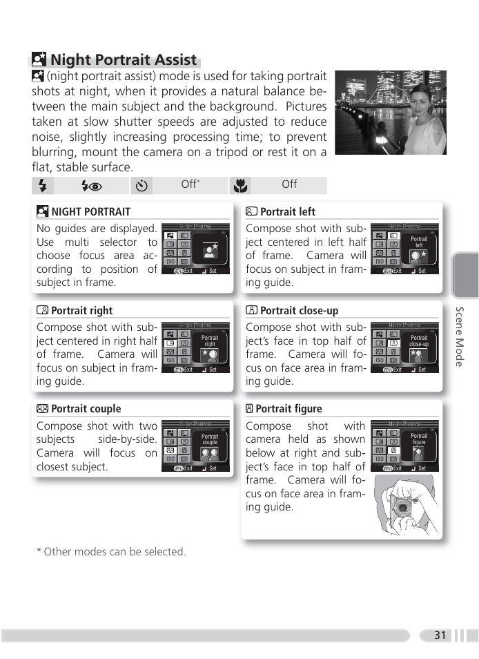 Night portrait assist, Other modes can be selected, Scene mode | Nikon 4800 User Manual | Page 41 / 125